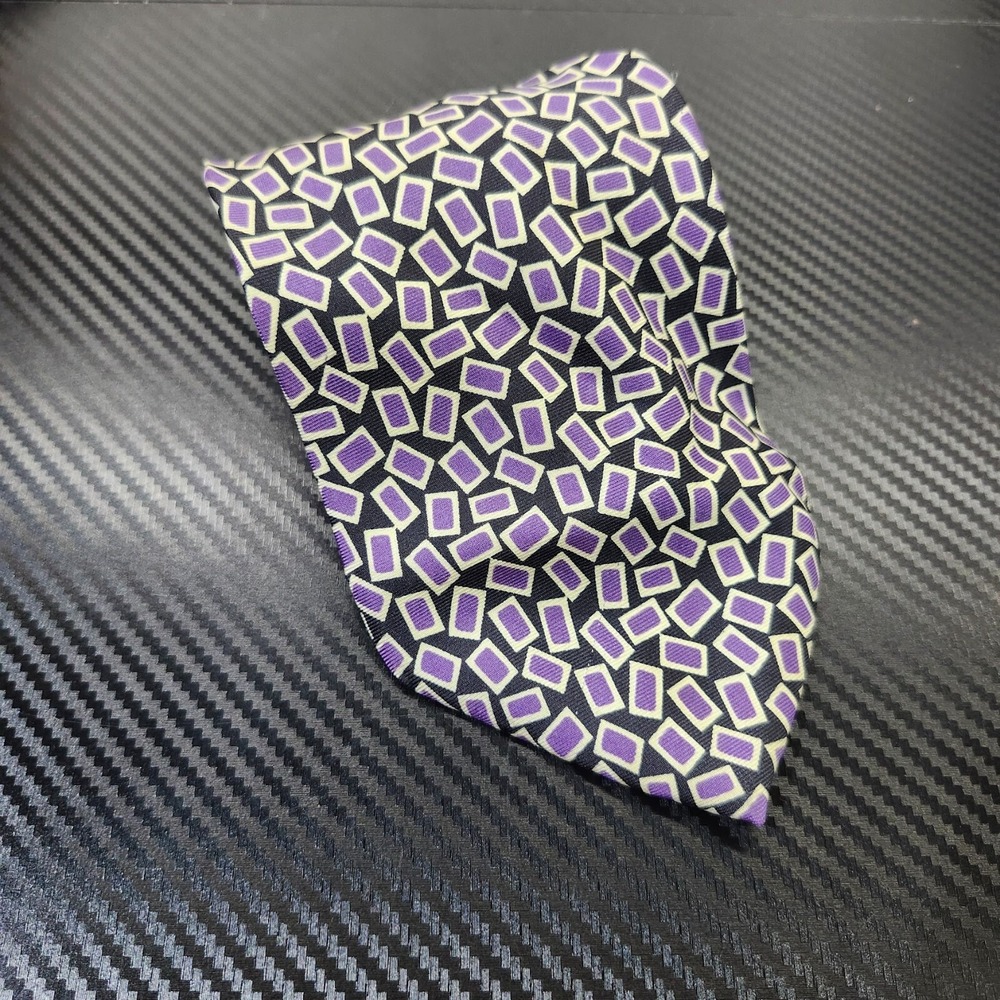 Christian Dior Monsieur Black Purple Geometric Rectangle 100% Silk Tie USA Made